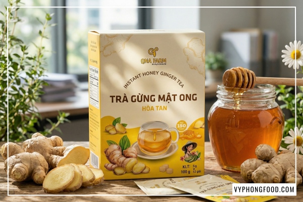 Sản phẩm trà gừng mật ong hòa tan QNA Farm giúp phát huy tối đa công dụng của trà gừng với mật ong trong việc trị ho và làm ấm cổ họng cho người làm việc trong phòng máy lạnh.