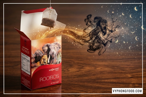 Trà rooibos có tác dụng gì? Ly hồng trà rooibos African Dawn túi lọc không caffeine giúp ngủ ngon và giảm căng thẳng stress tự nhiên cho người mất ngủ.