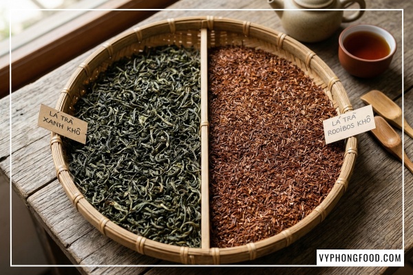 So sánh trà rooibos và trà xanh giúp giải đáp trà rooibos có tác dụng gì, minh họa hồng trà rooibos African Dawn không gây chát và giàu hàm lượng chất chống oxy hóa.