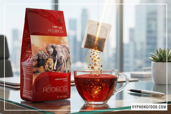 So sánh trà rooibos và trà xanh giúp giải đáp trà rooibos có tác dụng gì, minh họa hồng trà rooibos African Dawn không gây chát và giàu hàm lượng chất chống oxy hóa.