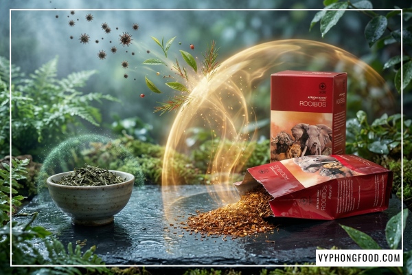 Giải đáp trà rooibos có tác dụng gì và hình ảnh trà rooibos Nam Phi chính hãng African Dawn túi lọc cao cấp nhập khẩu bởi Vy Phong Food