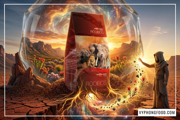 Giải đáp trà rooibos có tác dụng gì và hình ảnh trà rooibos Nam Phi chính hãng African Dawn túi lọc cao cấp nhập khẩu bởi Vy Phong Food