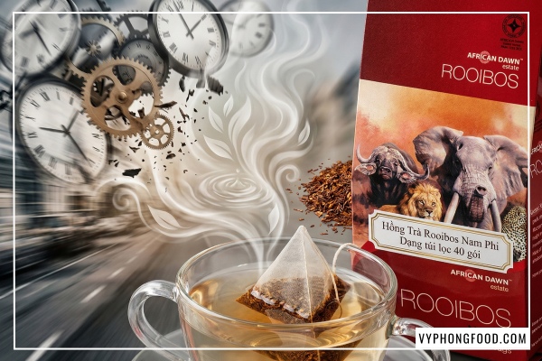Hồng trà rooibos Nam Phi dạng trà rooibos túi lọc 40 gói African Dawn nhập khẩu bởi vyphongfood và veggie.