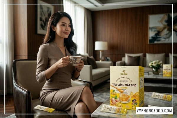 Ly trà gừng mật ong QNA Farm nóng hổi trên bàn làm việc giúp phát huy công dụng của trà gừng với mật ong trong việc giảm cân.