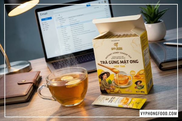 Ly trà gừng mật ong QNA Farm nóng hổi trên bàn làm việc giúp phát huy công dụng của trà gừng với mật ong trong việc giảm cân.